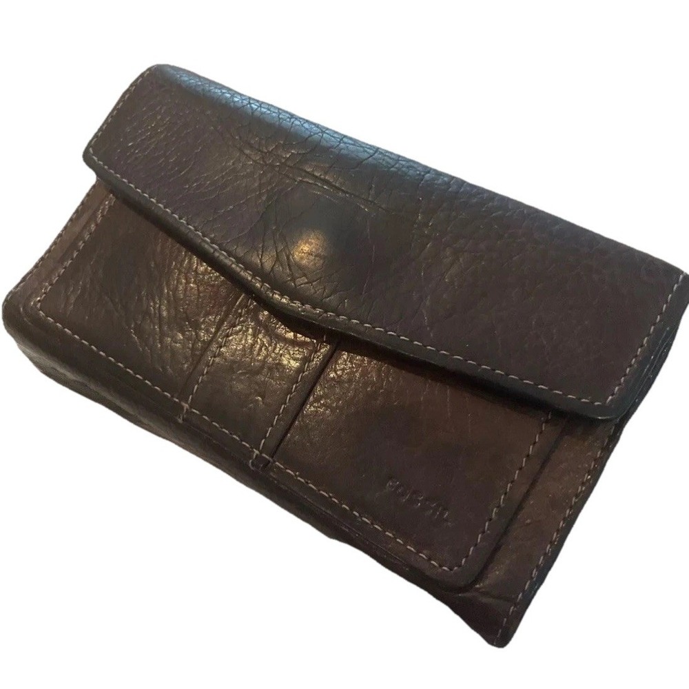 Vintage Fossil Wallet Checkbook  Brown Aged Patina Leather Bi-fold Credit Card